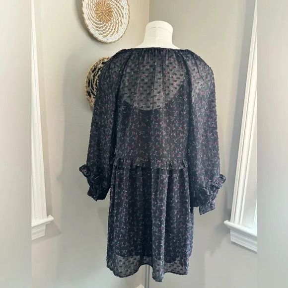 Zara Long Sleeve Black Pink Floral Swiss Dot All Ruffles Babydoll Dress size XS - Picture 7 of 16